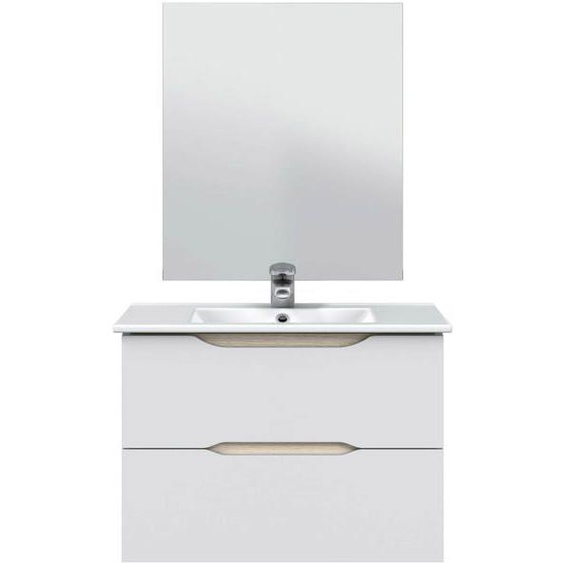 Meuble de salle de bain suspendu 60cm avec 2 tiroirs + miroir coloris blanc - Longueur 60  x Profondeur 45 x Hauteur 57 cm