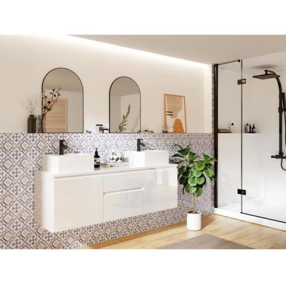 Meuble de salle de bain suspendu avec double vasque - Blanc - 150 cm - JIMENA II