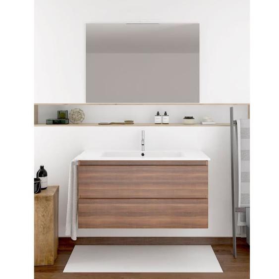 MEUBLE DE SALLE DE BAIN  SUSPENDU AVEC LAVABO MIROIR ET LUMIÈRE LED 80X50X45CM FRÊNE THÉ