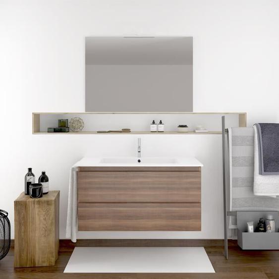 Meuble de salle de bain suspendu avec LED, miroir et porte-serviettes - MIZAR 80-35 cm - Frêne Thé