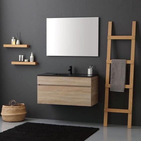 Meuble de salle de bain suspendu en chêne Well 100cm avec lavabo en céramique noir mat - Kiamami Valentina