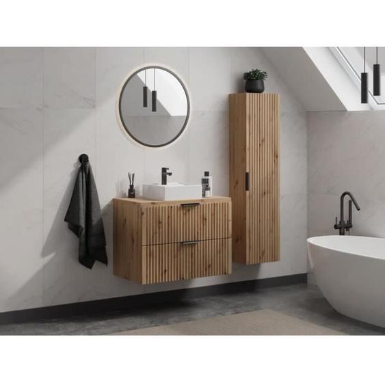 Meuble de salle de bain suspendu strié avec vasque à poser - Naturel clair - 80 cm - ZEVARA