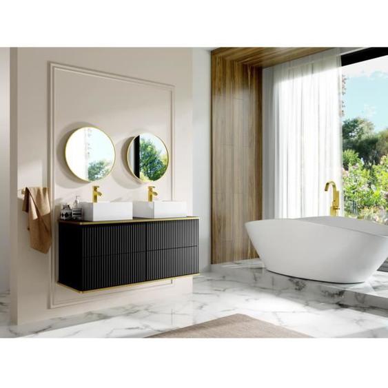 Meuble de salle de bain suspendu strié liseré doré avec double vasque à poser carrée - Noir - 120 cm - KELIZA