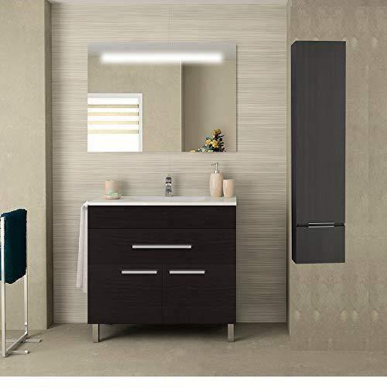 MEUBLE DE SALLE DE BAIN VEGA AVEC LAVABO MIROIR, PORTE-SERVIETTES, LUMIÈRE LED ET COLONNE AUXILIAIRE 60X82X45CM CHÊNE