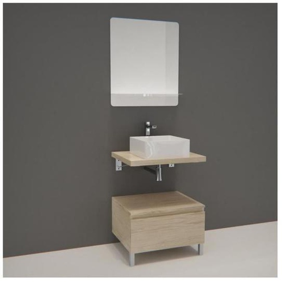 Meuble de Salle de Bain WILL - Plan suspendu 60 cm + Meuble tiroir + Vasque + Miroir + Pieds réglables + Equerres Décor chêne Chêne