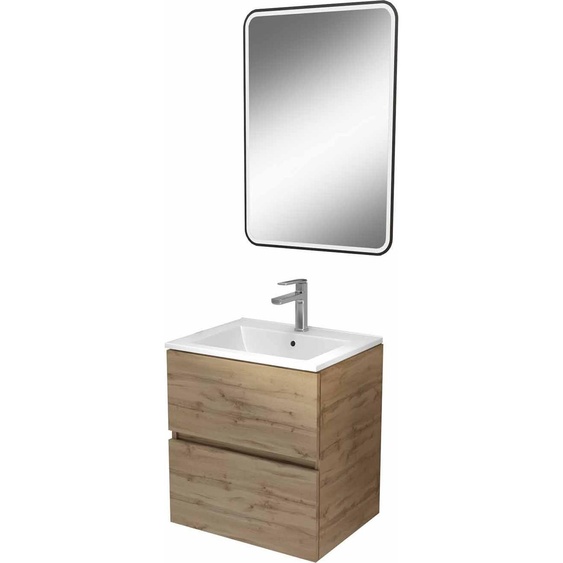 Meuble de Salle de Bains 50cm TIMBER - 2 TiroirsReproduction Chêne, Vasque Blanche et Miroir Led