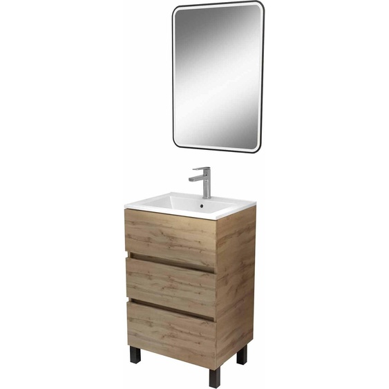 Meuble de Salle de Bains 50cm TIMBER - 3 TiroirsReproduction Chêne, Vasque Blanche et Miroir Led 50x70 cm