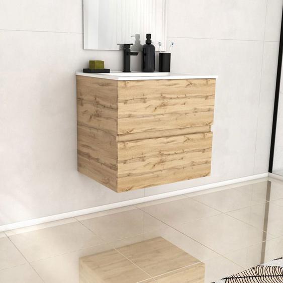 Meuble de salle de bains 60cm 2 Tiroirs_Chêne Naturel + Vasque céramique blanche - TIMBER 60