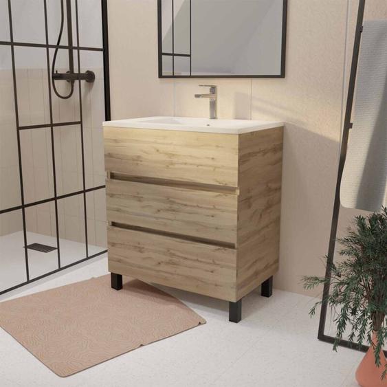 Meuble de salle de bains 70 cm timber - décor chêne naturel 3 tiroirs avec vasque blanche
