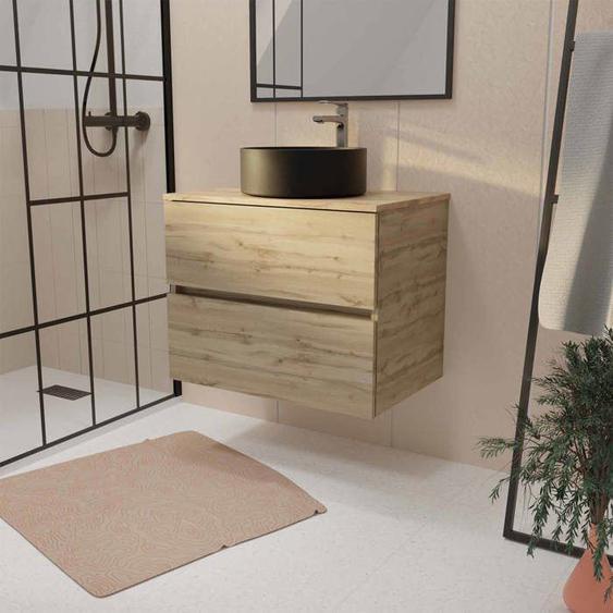 Meuble de salle de bains suspendu 70cm TIMBER Décor Chêne 2 tiroirs Vasque noire à poser