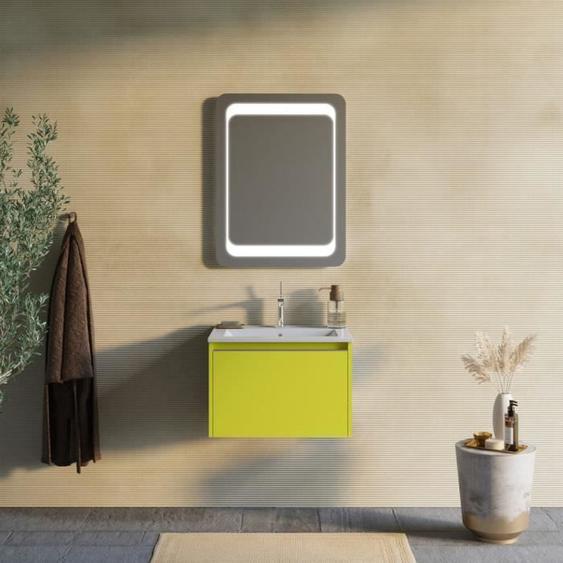 Meuble de salle de bains vert olive 60 cm, lavabo en céramique et miroir - Monaco