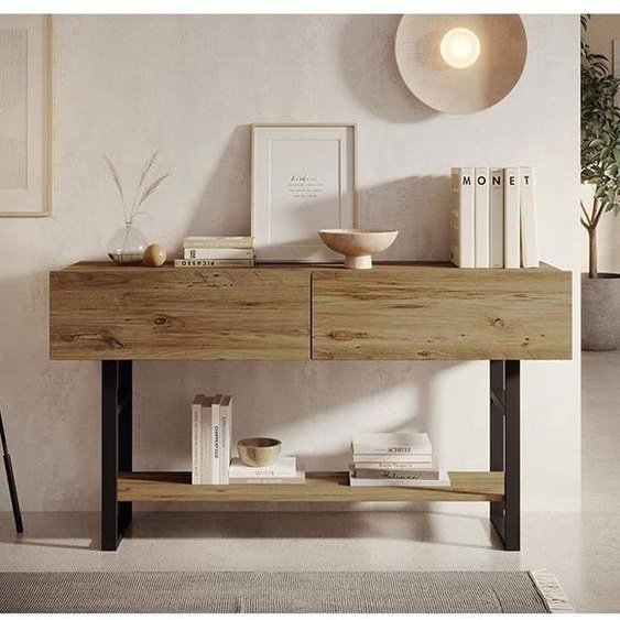 Meuble dentrée 2 portes | Design Industriel | Structure Acier Noir Mat | Couleur Pin Atlantique | 139cm | Modèle Factory R1