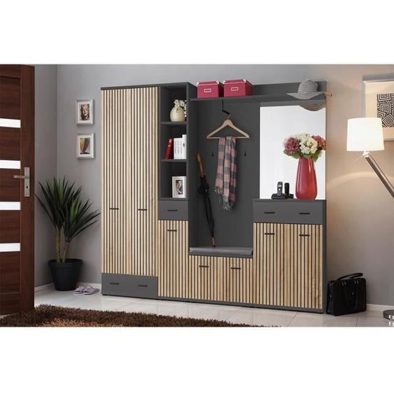 Meuble dentrée avec Armoire, meuble à chaussure, colonne, commode, miroir et penderie collection POLO Coloris gris et chêne.