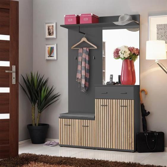 Meuble dentrée avec meuble à chaussure, commode, miroir et penderie collection POLO Coloris gris et chêne