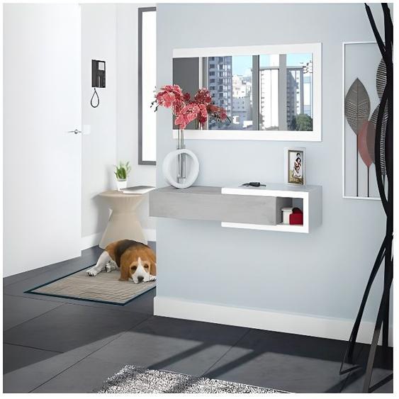Meuble dentrée - Habitdesign - 0L6743A - Blanc Artik - Gris Ciment - 1 tiroir