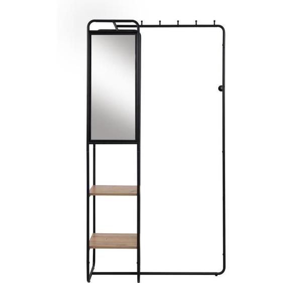 Meuble dentrée - LUTON - Structure métallique - Noir / Chëne artisan - 100 x 185 x 37 cm - 2 étagères - 1 miroir