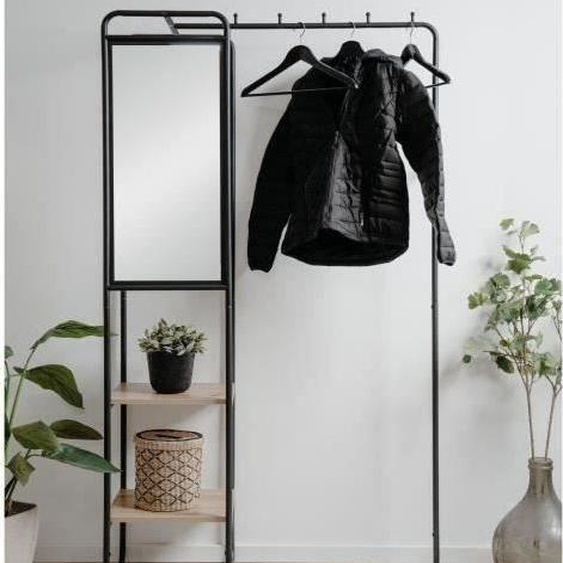 Meuble dentrée - LUTON - Structure métallique - Noir / Chëne artisan - 100 x 185 x 37 cm - 2 étageres - 1 miroir