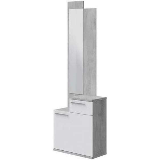 Meuble dentrée, meuble de rangement coloris gris cendre, blanc brillant - longueur 61 x hauteur 185 x profondeur 28 cm