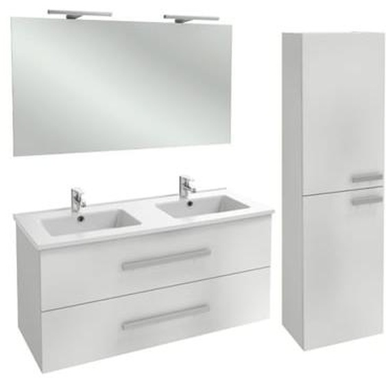Meuble double vasque 120 cm Ola Up blanc brillant + colonne + miroir et spots