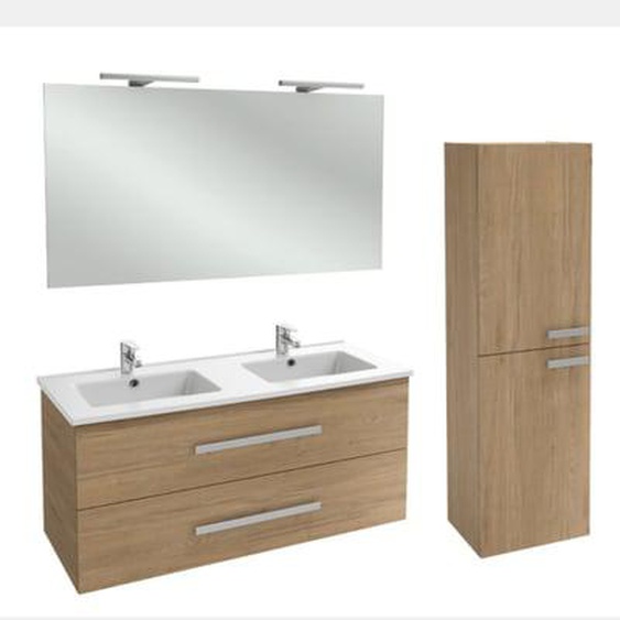 Meuble double vasque 120 cm Ola Up chêne + colonne + miroir et spots