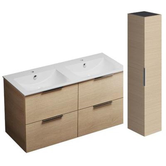 Meuble double vasque 120 cm Olena chêne clair + colonne