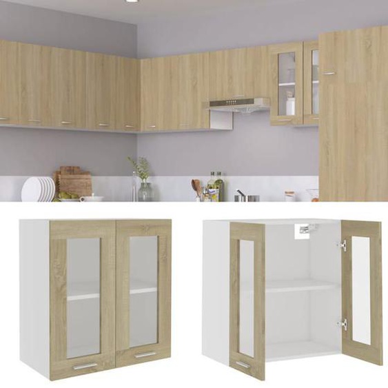 Meuble haut cuisine-Armoire en verre suspendue Chêne sonoma Bois dingénierie SHL141610