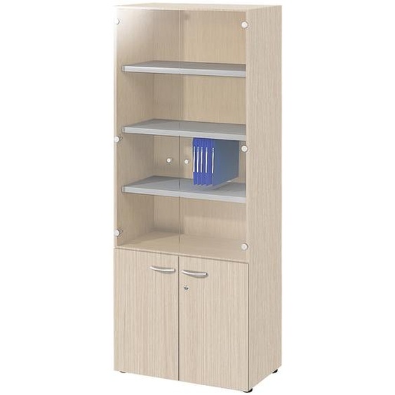 Meuble haut vitrine E-Link - H.202 x L.80 cm - 2 portes basses - Portes hautes Verre - Chêne