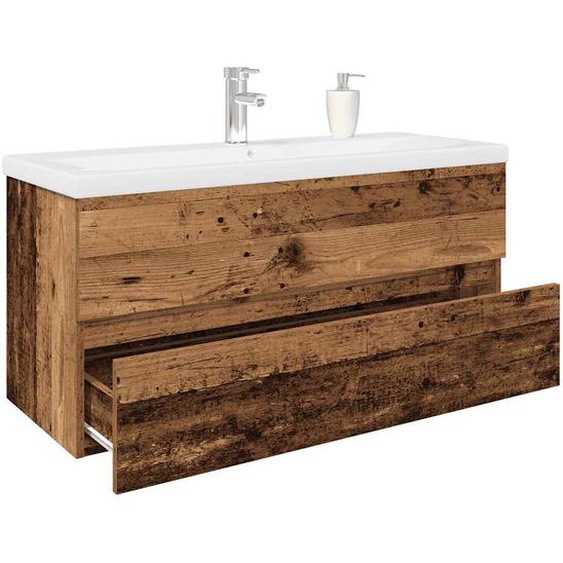 Meuble lavabo avec bassin et robinet intégrés vieux bois