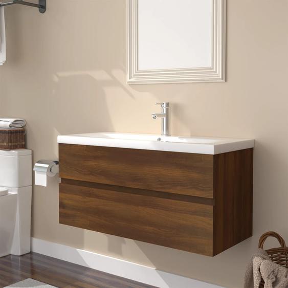 Meuble lavabo avec bassin intégré Chêne brun Bois dingénierie