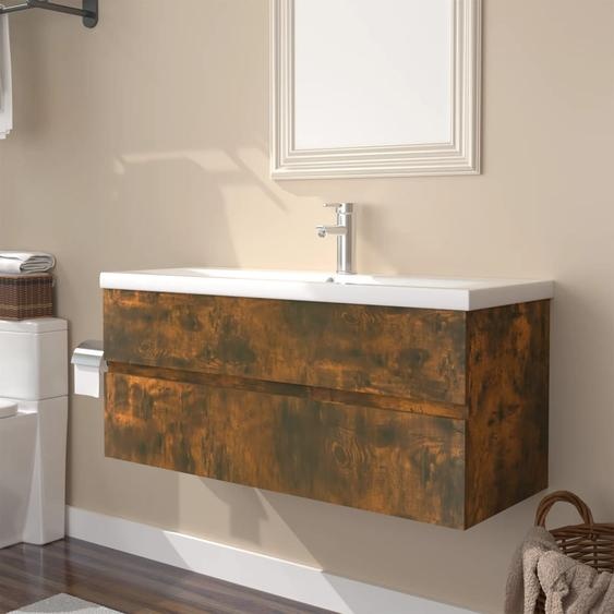 Meuble lavabo avec bassin intégré Chêne fumé Bois dingénierie