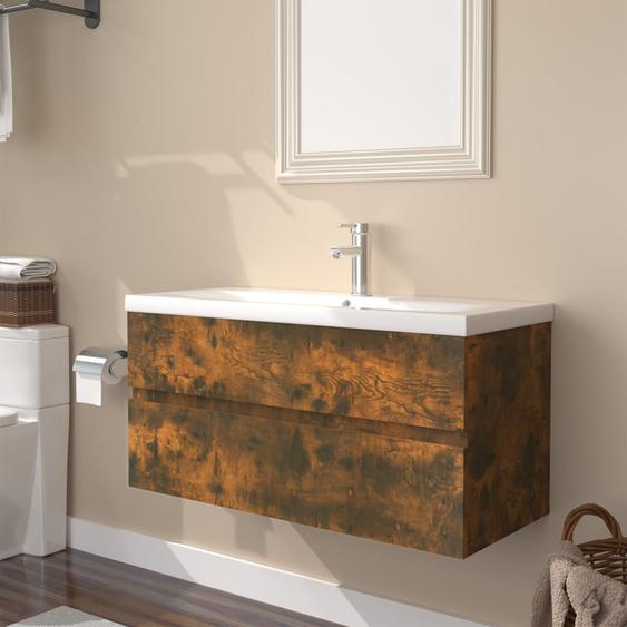 Meuble lavabo avec bassin intégré Chêne fumé Bois dingénierie