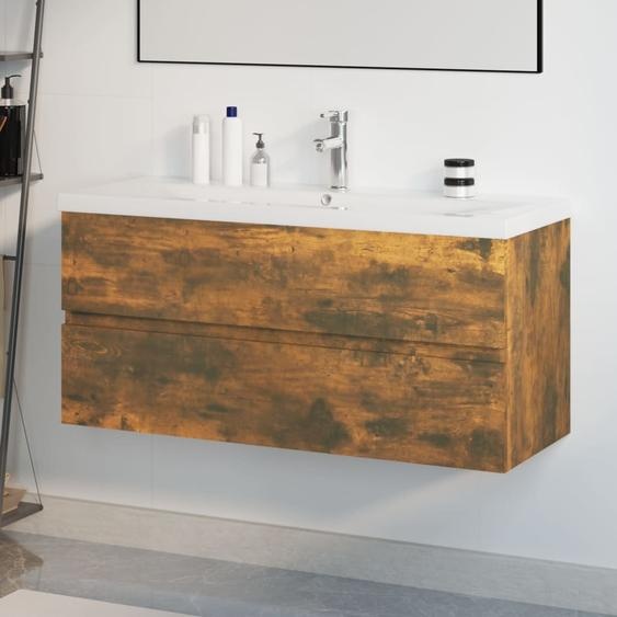 Meuble lavabo avec bassin intégré Chêne fumé Bois dingénierie