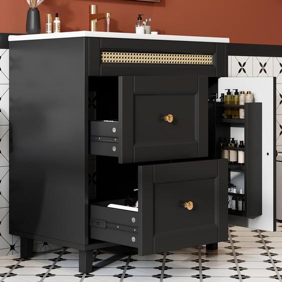 Meuble-lavabo de salle de bains 76 x 46 x 86,5 cm, noir – Meuble-lavabo sur pied avec portes à fermeture amortie, poignées dorées, détails en rotin, vasque en céramique