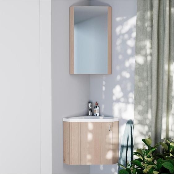 Meuble lave-mains dangle décor chêne KODA + robinet + armoire miroir