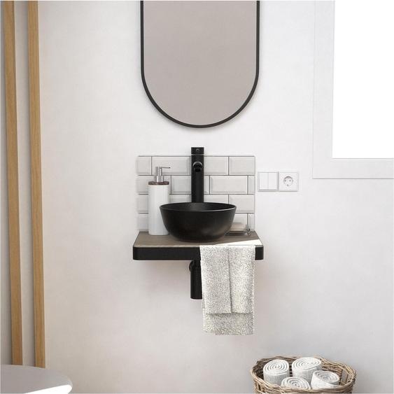 Meuble lave-mains SOHO plan fin p-serviette face vasque noire + miroir