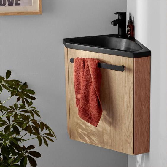 Mob-in - Meuble lave-mains dangle décor chêne vasque noire skino