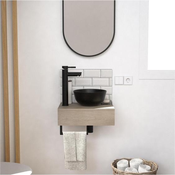 Meuble lave-mains SOHO plan épais vasque noire + miroir