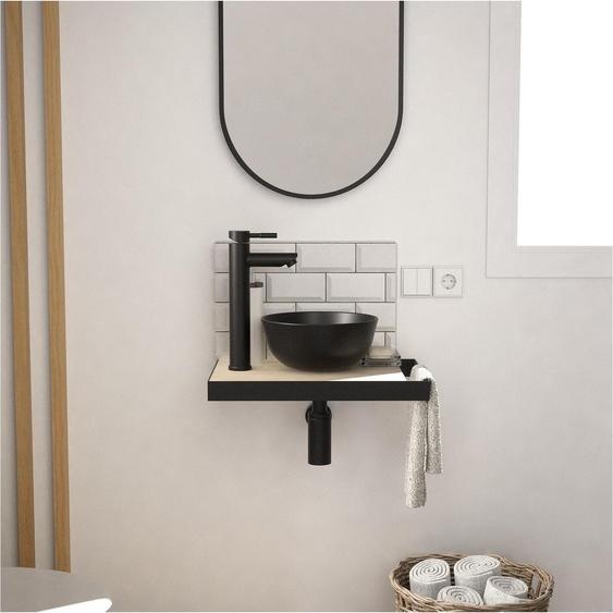 Meuble lave-mains SOHO plan fin p-serviette côté vasque noire + miroir