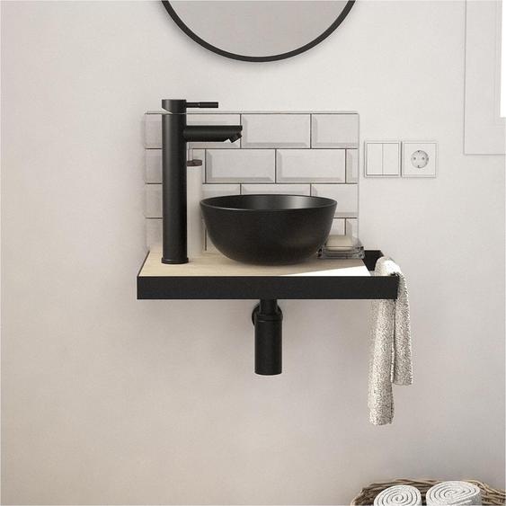 Meuble lave-mains SOHO plan fin p-serviette côté vasque noire + robinet