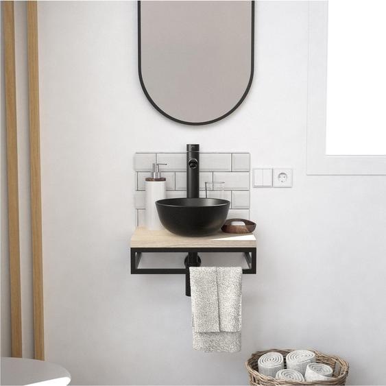 Meuble lave-mains SOHO plan fin p-serviette dessous vasque noire+miroir