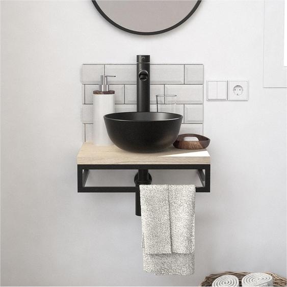 Meuble lave-mains SOHO plan fin p-serviette dessous vasque noire+robinet