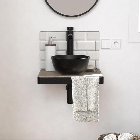 Meuble lave-mains SOHO plan fin p-serviette face vasque noire + robinet