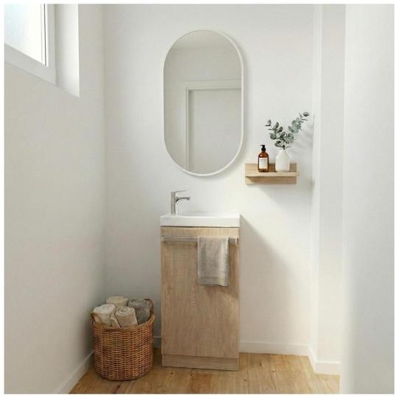 Meuble lave-mains sur pieds JOHANN décor chêne + vasque + robinet + miroir
