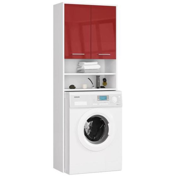 Meuble machine a laver 2 portes Rouge brillant 4 étagères 64x30x180 cm