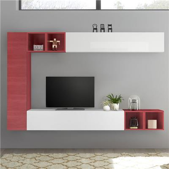 Meuble mural TV blanc laqué et rouge LIZZANO