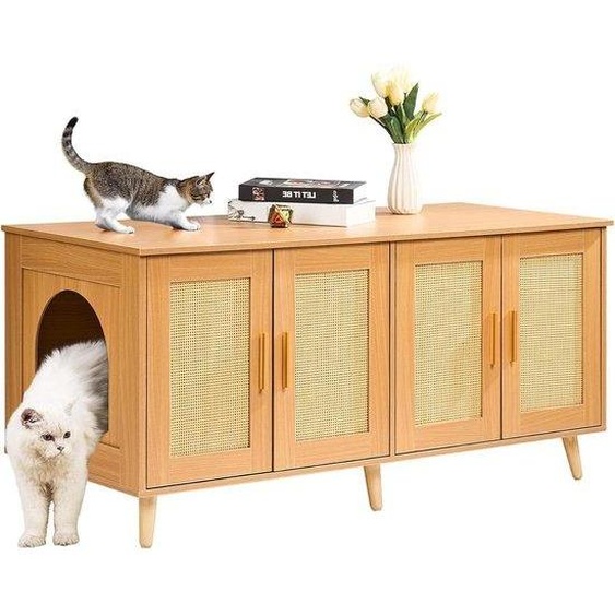 Meuble pour bac à litière 119 x 50 x 55 cm, portes en rotin naturel