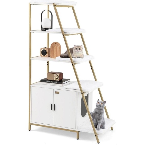 Meuble pour chat avec étagère échelle pour bac à litière, blanc