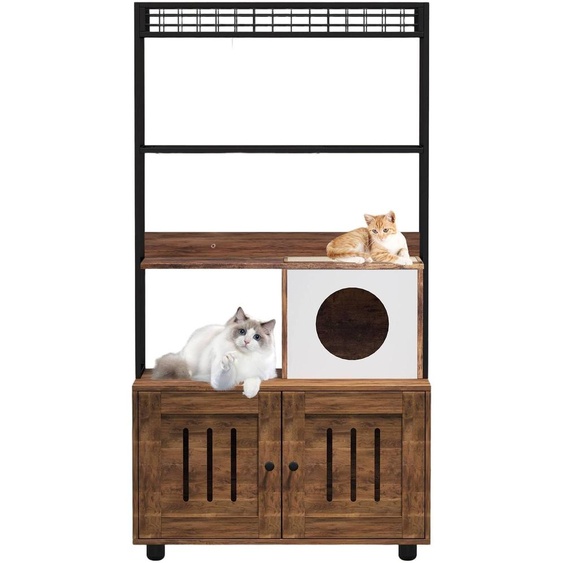 Meuble pour litière de chat dissimulé - Modèle à trois niveaux avec étagère de rangement - Structure en métal