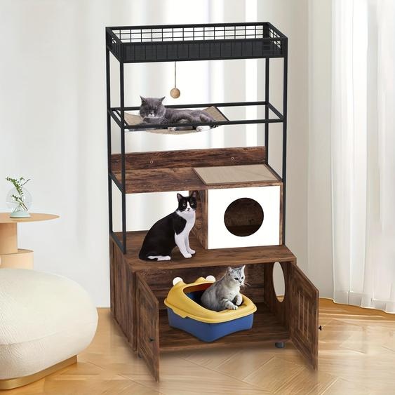 Meuble pour litière pour chat - Avec étagère de rangement et hamac - En bois et en fer - Nid douillet pour chat - Marron