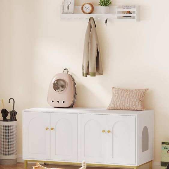 Meuble pour litière pour chat, semi-fermé, blanc et doré, dimensions : 119 x 50 x 61 cm
